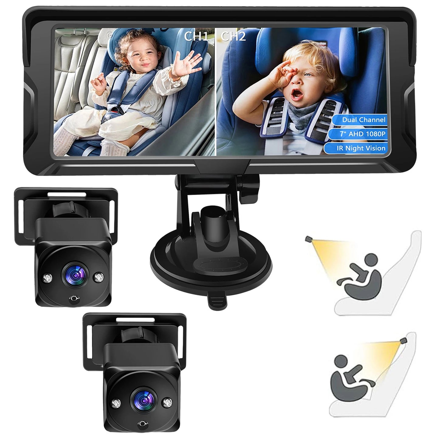 Car Baby Camera Dual Channel 6.8inch 1080P Display with 2 IR Night  Camera and 150° Wide View Angle Automotive Baby Camera