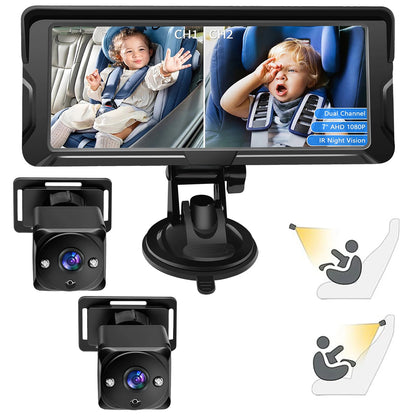 Car Baby Camera Dual Channel 6.8inch 1080P Display with 2 IR Night  Camera and 150° Wide View Angle Automotive Baby Camera