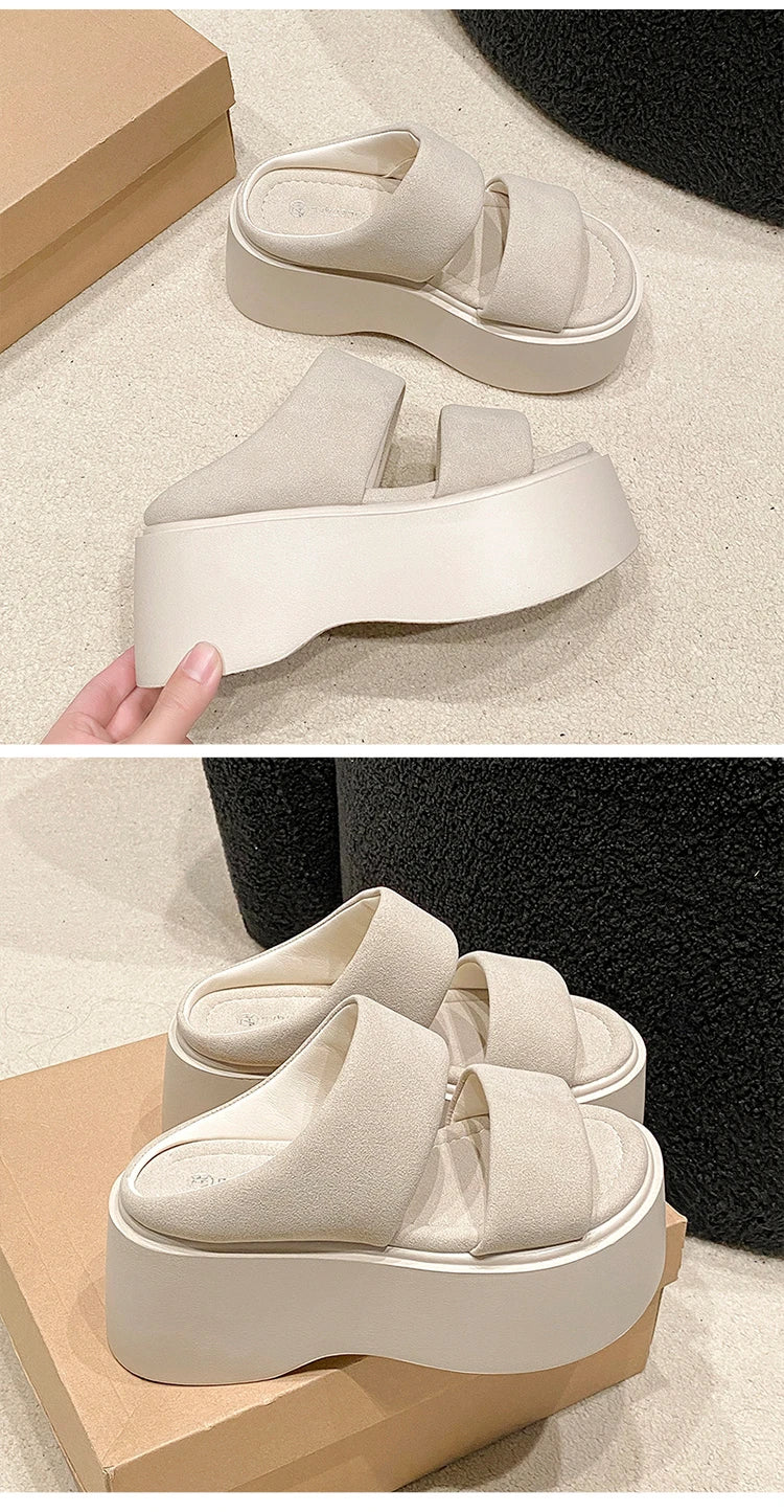 Summer 2023 Chunky Sandals Women's Thick Bottom Wedge Heels Slides 8CM High Heels Platform Leather Casual Beach Flip Flops Woman