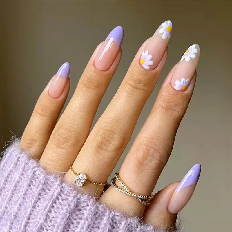24pcs French Rainbow Fake Nails Simple Almond False Nails Art Waterproof Removable Artificial Press on Nail with Accessories