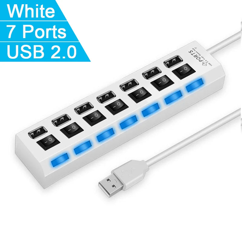 High Speed 4/7 Ports USB HUB 2.0 Adapter Expander Multi USB Splitter Multiple Extender with LED Lamp Switch for PC Laptop