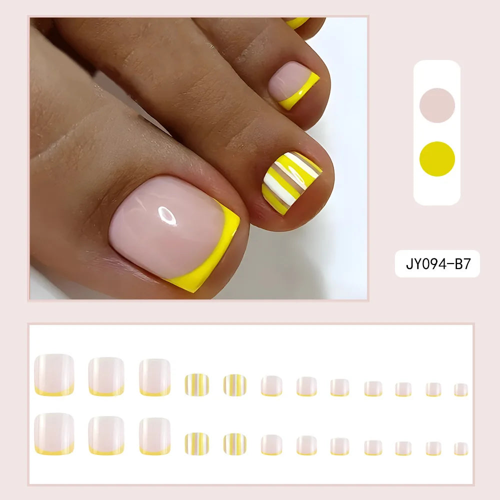 24 Pcs French Design Fake Toe Nail Press on Toe Nail Summer False Nails Acrylic Reusable Toe Nail Decorated Nails With Tool Kit