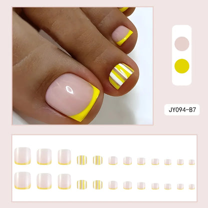 24 Pcs French Design Fake Toe Nail Press on Toe Nail Summer False Nails Acrylic Reusable Toe Nail Decorated Nails With Tool Kit