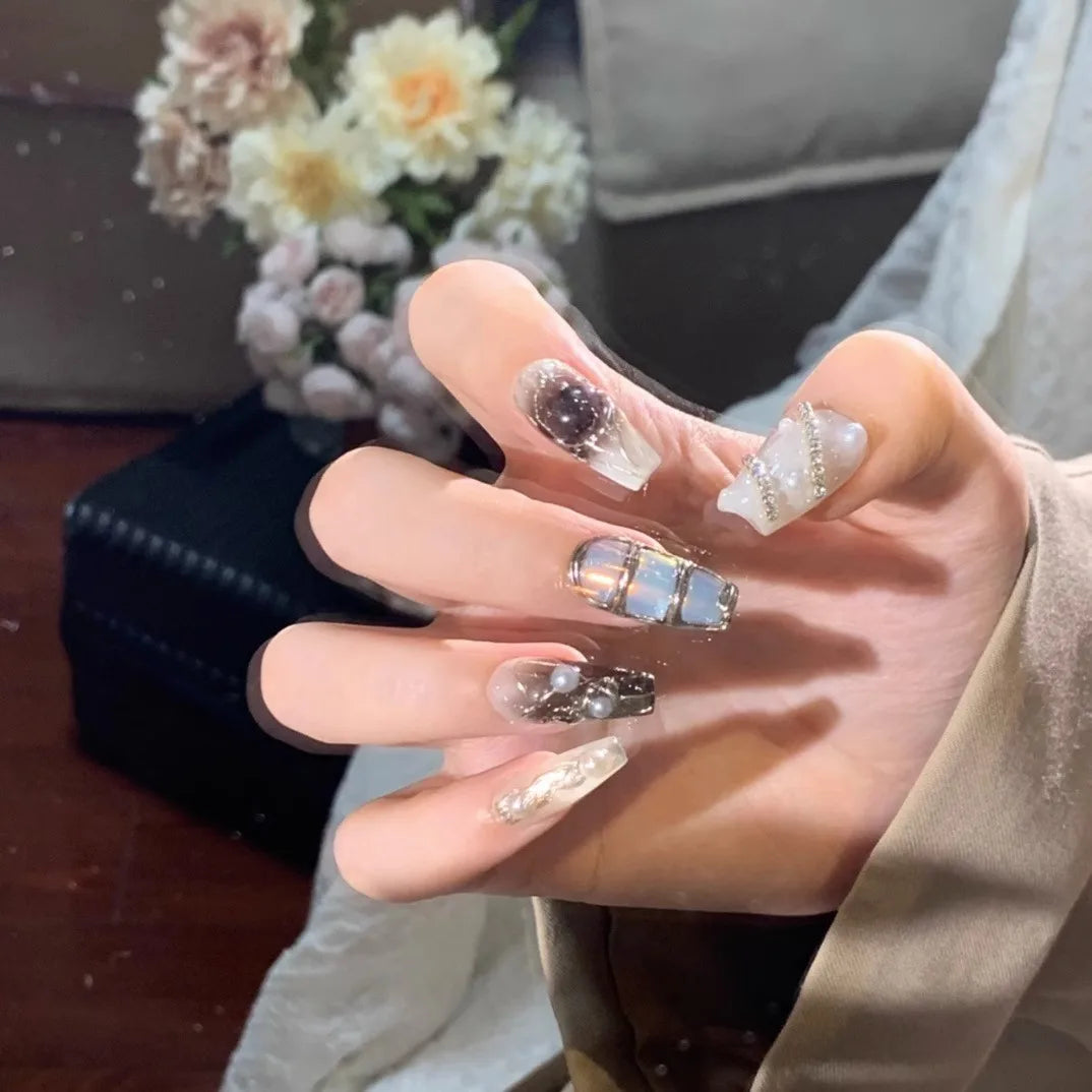 10Pcs Short Press On Nails y2k Star Rhinestone Design Handmade Press On nails Luxury With Design Full Cover Removable Fake Nails