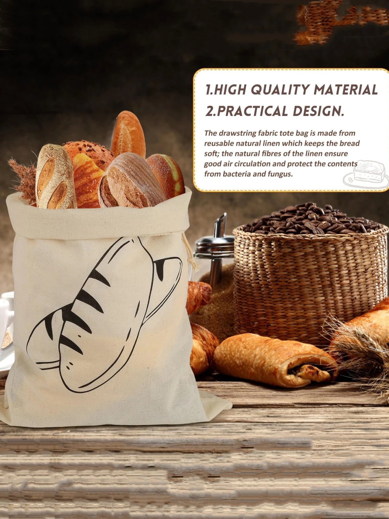 1Pc Bread Bag Linen Bread Bags for Homemade Bread Container Unbleached & Reusable Bread Storage, Natural Large Storage for Artis