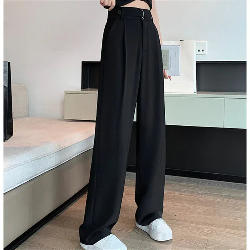 Office Ladies Casual Suit Wide Leg Pants Women Elegant 2025 Spring Summer Fashion Solid Color High Waist Loose Outwear Trousers