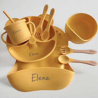 Customized Baby Silicone Feeding Set with Suction Cup Personalized Name Dish Divided Plate Bowl Spoon Cute Kid Eating Tableware