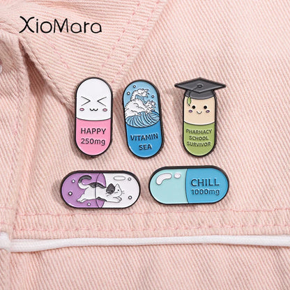Happy Capsule Pill Enamel Pin Vitamin Sea Pharmacy School Survivor Pharmacist Brooch Badge Jewelry Gift For Medical Student