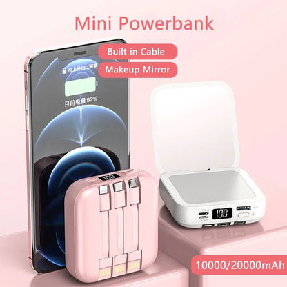 New Mini power bank 20000mAh with makeup mirror, fast charging, portable charger, power bank with cable, mobile phone power bank