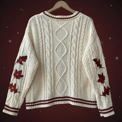 Autumn Leaves Cardigan Women Beige Knitted Cardigans with Red Maple Leaf Embroidery Folklore Girl Oversized Sweaters Tops Y2k
