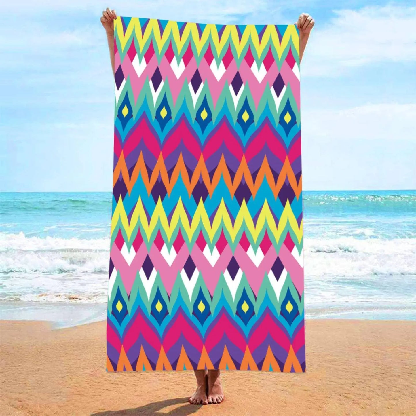 Oversized Beach Towel 280g/㎡ Microfiber, Rainbow Quick-Dry for Pool Travel, Tropical Design, Fade-Resistant & Washable