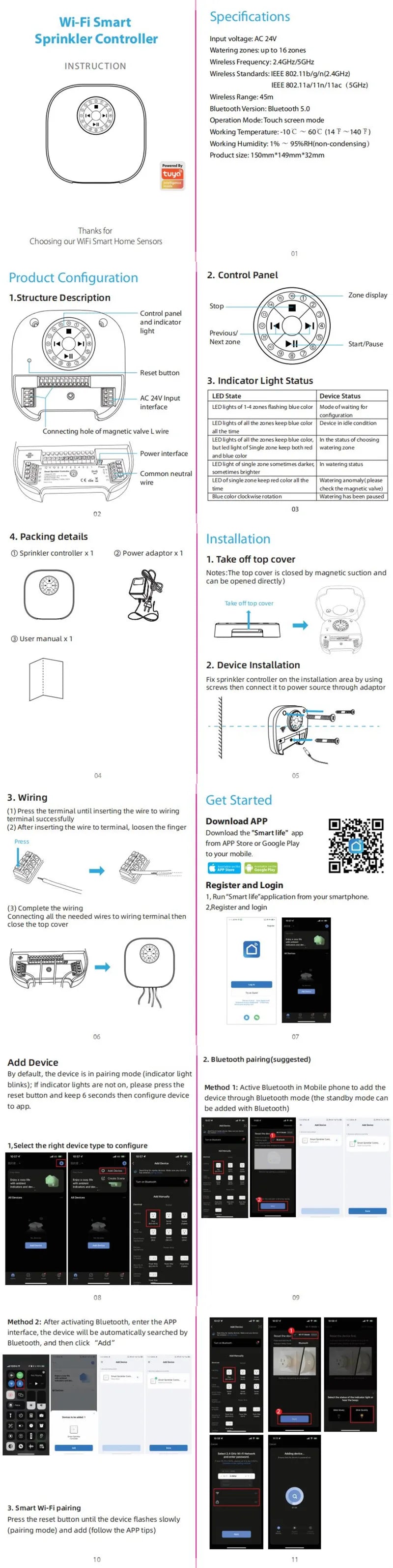 Tuya WiFi BLE Smart Sprinkler Controller 16 Zone Max Timing Irrigation Real Time Weather Linkage APP Wireless Control