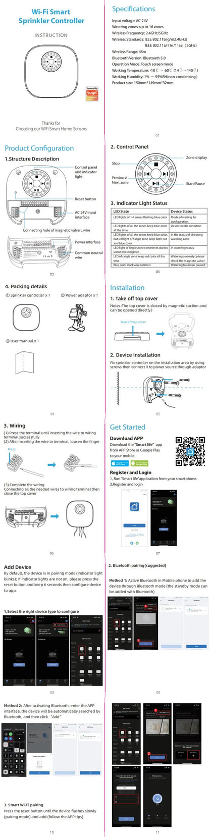 Tuya WiFi BLE Smart Sprinkler Controller 16 Zone Max Timing Irrigation Real Time Weather Linkage APP Wireless Control