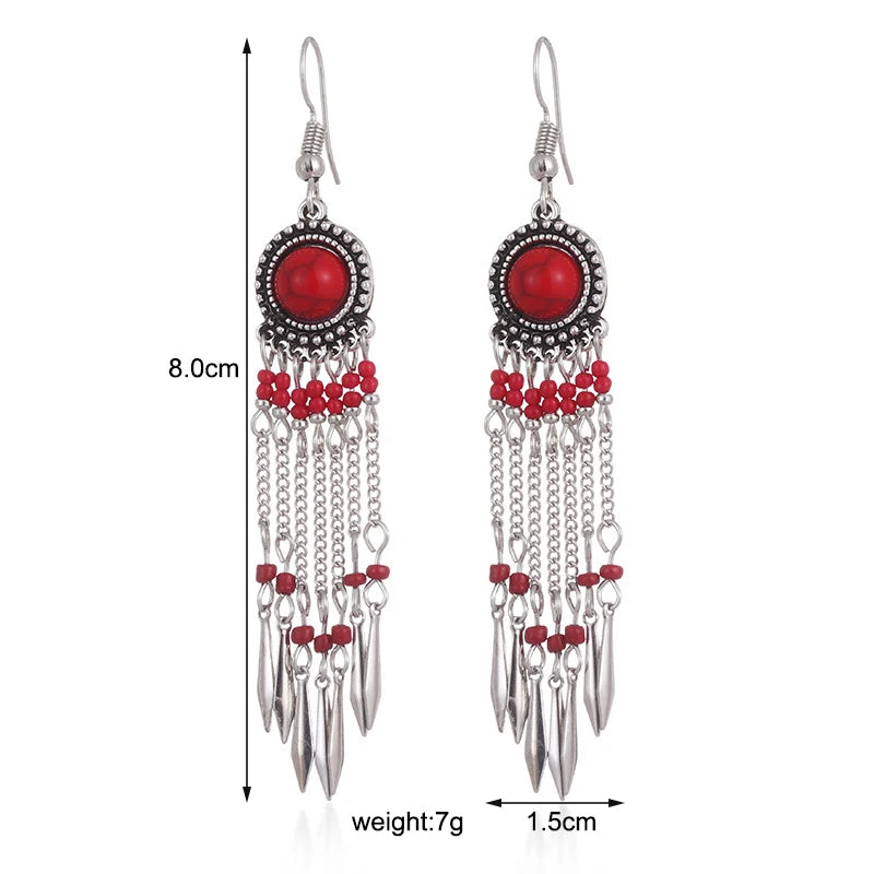 Bohemian Long Tassel Earrings For Women Handmade Jewelry Beads Chain Drop Earrings Big Round Resin Stone Dangle Ethnic Earrings