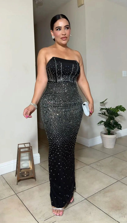 CM.YAYA Diamonds Hot Rhinestones Strapless Women Sleeveless Long Dress 2025 Spring Birthday Party Evening Prom Maxi Dresses