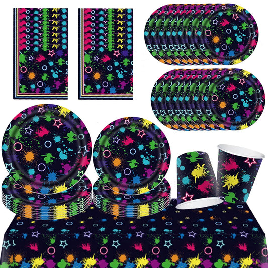 Glow Neon Party Plates Cups Napkins Tablecloth Tableware Neon Birthday Colorful Graffiti Party Decors for Glow Party Neon Party