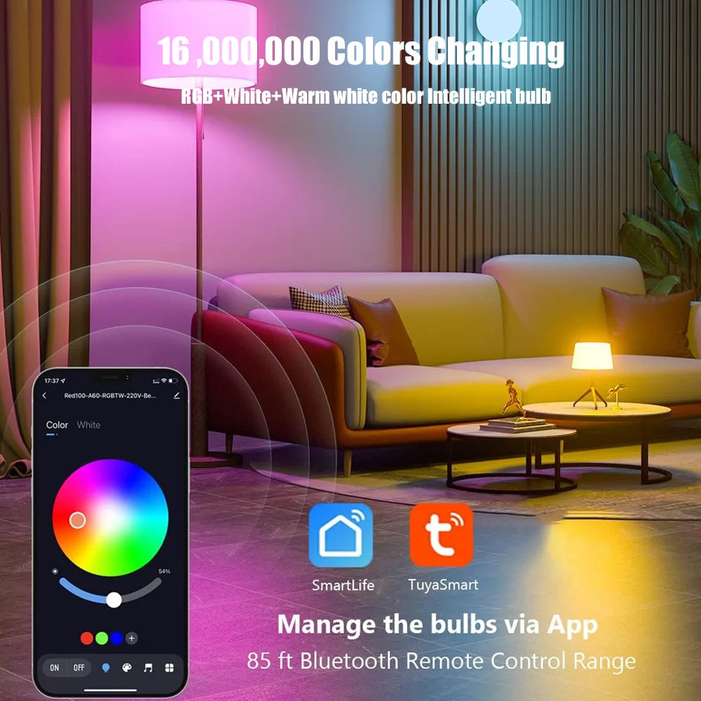 Bluetooth Smart LED Bulb Tuya Light Bulbs AC 85-265V Dimmable Spotlight Bulb 15W E27 RGB+CW+WW LED Color Change Lamp For Home