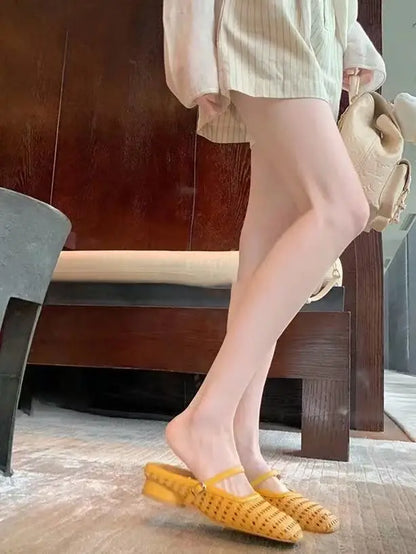 Fashionable slippers, women's hollow toe half-slippers, 2025 summer new square-toed low-heel comfortable women's shoes