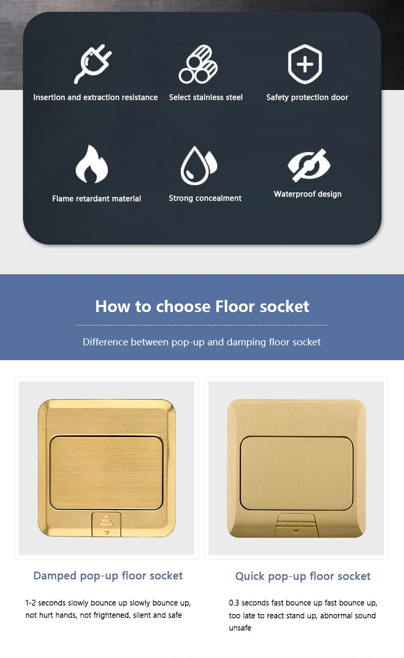 European standard hidden pop-up computer floor socket 120*120mm Gold Stainless Steel Kitchen Bedroom waterproof USB outlet plug