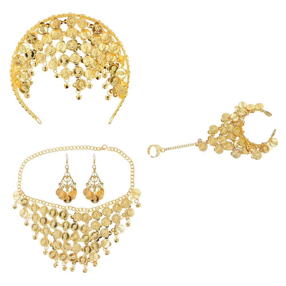 Indian Dance Accessories Necklace Headwear Earrings Bracelet Hair Band Jewelry Set Women's Party Jewelry Gifts