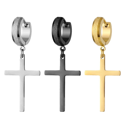 Punk Stainless Steel Frosting Hoop Earrings Design Women Men Pierced Cross Ear Jewelry Accessories Party Dangle Earring