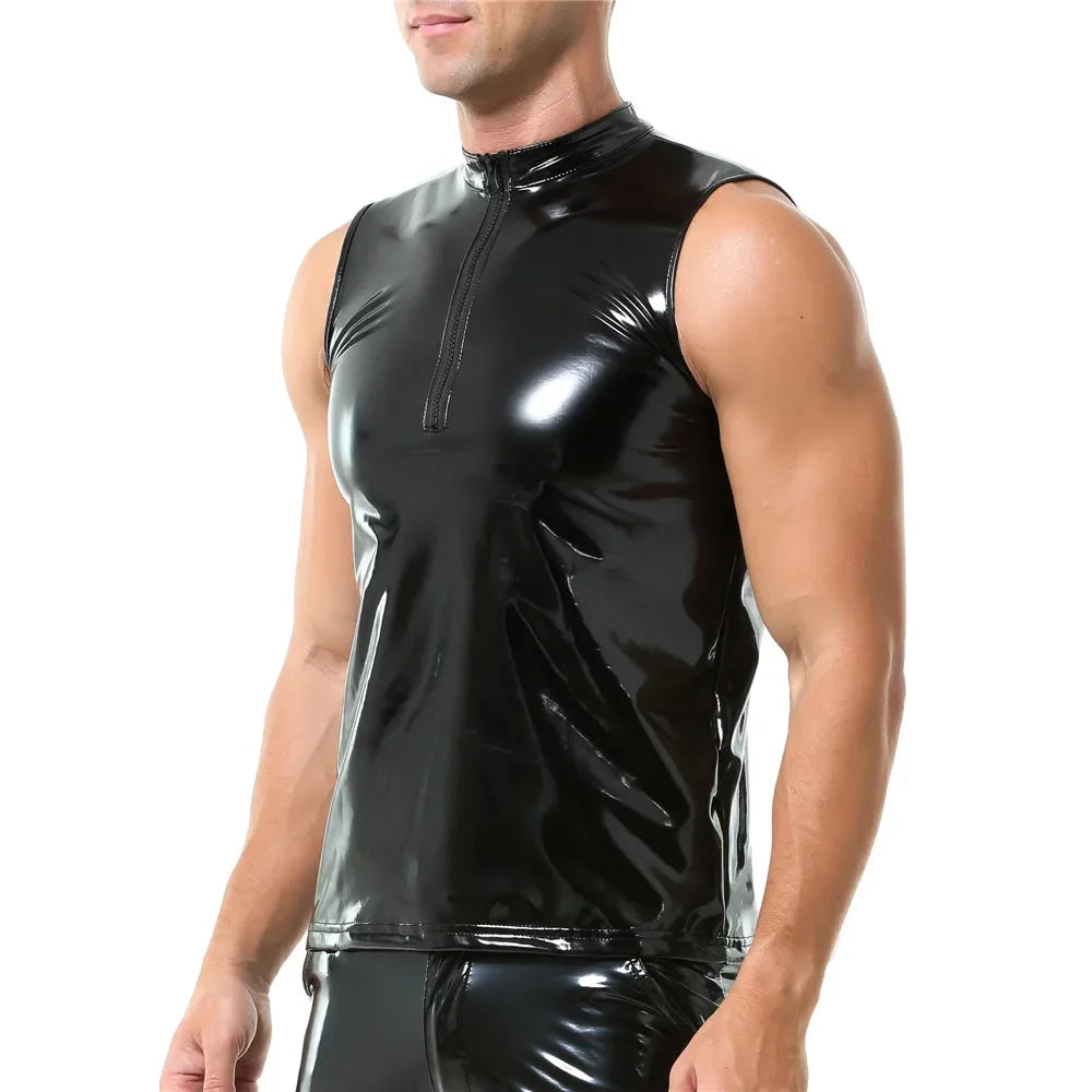 Mens Shiny Wet Look Leather Tank Top Zipper Glossy PVC Leather Sleeveless T-Shirts Shaping Wet Look Latex Leather Tanks Top Vest