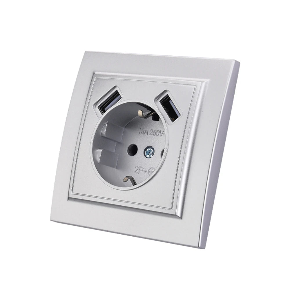 Silvery Electrical Outlets Power Sockets 250V EU Standard Wall Embedded Flame Retardant AC Not Ground Plugs Socket Paint Plastic