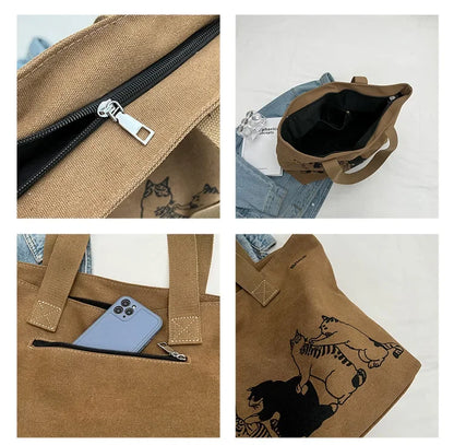 Canvas Totes Large Capacity Storage Handbag Women Tote Anime Cat Letters Shoulder Bags Girls Casual Commute Bag Portable Big Bag