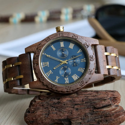 Men's Wooden Wrist Watches for Men Chronograph Fashion Wristwatches Business Blue Wood Mens Watches Clock reloj madera hombre