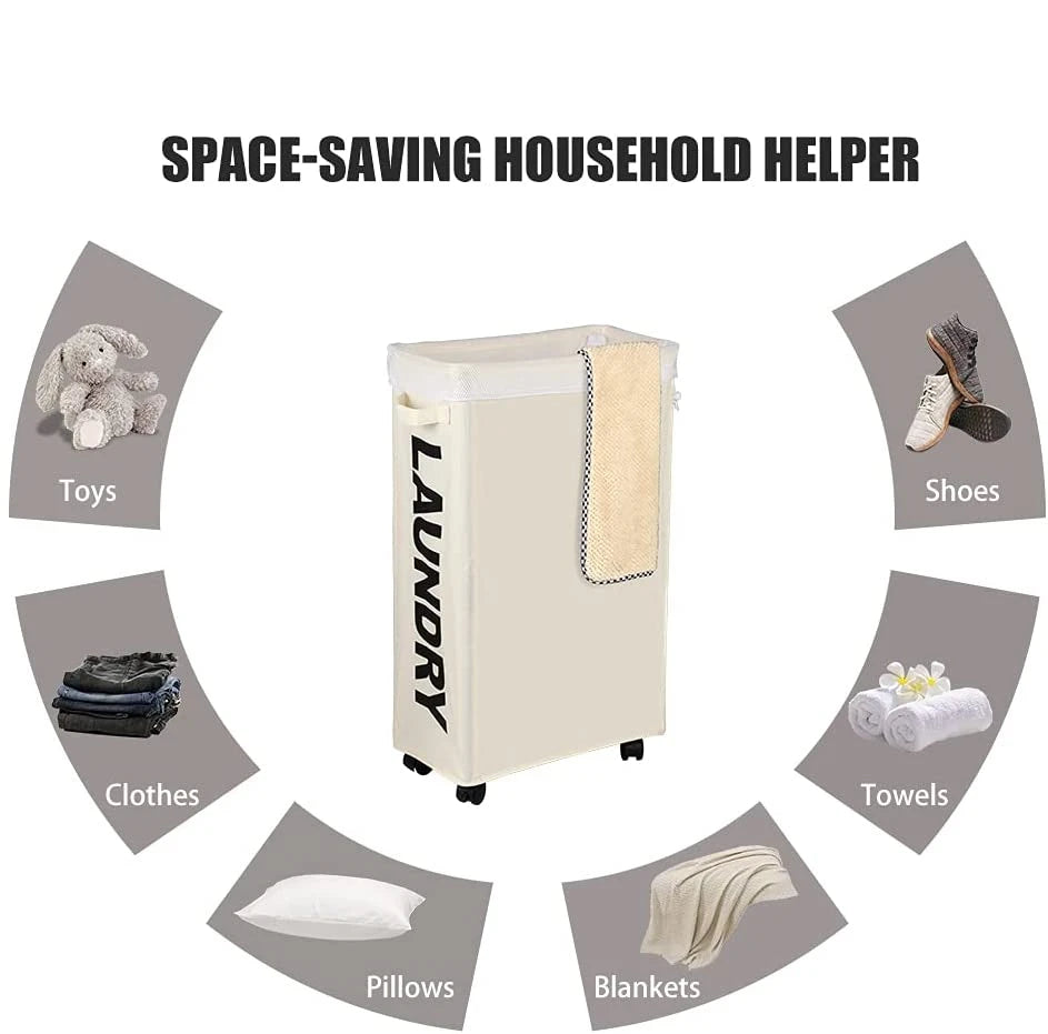 62L Slim Laundry Baskets Organizers Handles Rolling Washing Bin for Bedrooms, Living Room, Bathroom