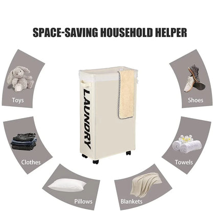 62L Slim Laundry Baskets Organizers Handles Rolling Washing Bin for Bedrooms, Living Room, Bathroom