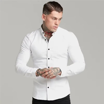 Men's Shirt Fashion Full Sleeve Shirt Men's Muscle Casual Slim-fit Business Dress Solid Color Shirt Men's Gym Fitness Men Shirt