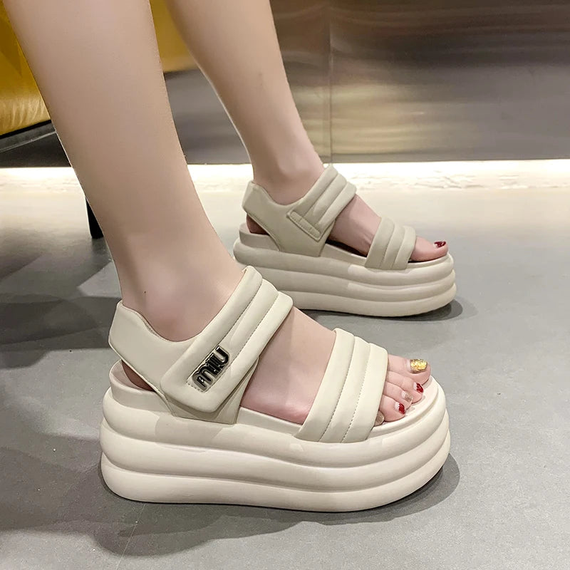 2025 Summer Women Chunky Sandals Leather High Platform Trainers Breathable Casual Slippers Shoes Woman 8.5CM Heels Wedge Sneaker