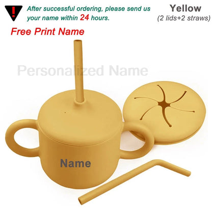 Food Grade Silicone Baby Feeding Cups Personalized Name Children Learn Drinking Cups Sippy Cups Kids Toddlers Straw Water Bottle