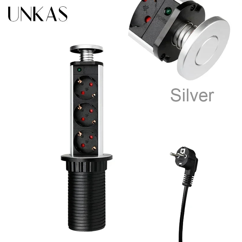 16A PULL POP UP 3 Power EU Socket New Black Color Port Kitchen Table Desktop Sockets Retractable Countertops French Plug