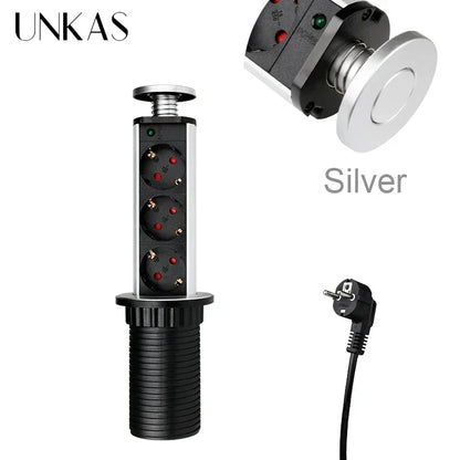 16A PULL POP UP 3 Power EU Socket New Black Color Port Kitchen Table Desktop Sockets Retractable Countertops French Plug