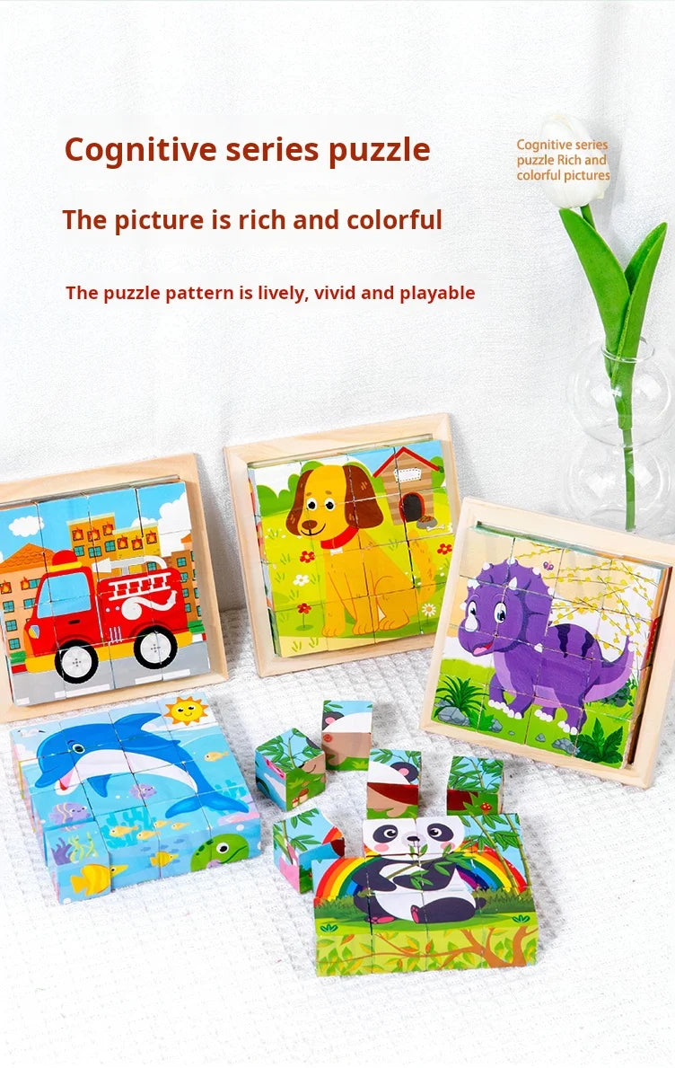 Six Sides Painted Wooden Puzzle Three-Dimensional Traffic Animal Puzzle Building Blocks Early Education Educational Toy