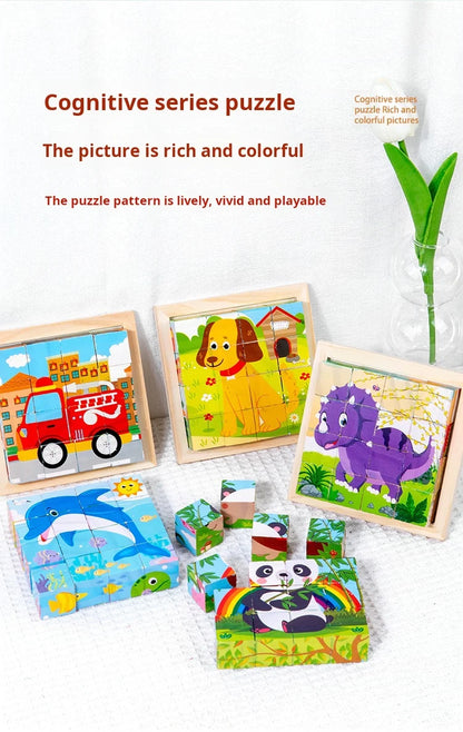 Six Sides Painted Wooden Puzzle Three-Dimensional Traffic Animal Puzzle Building Blocks Early Education Educational Toy