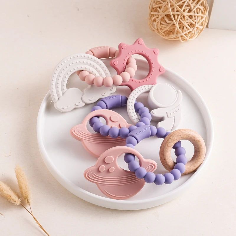 Silicone Teethers For Baby Thing Newborn Chews Food Grade Teethers Training Bed Toy Baby Cartoon Space Feeding Infant Rattle Toy