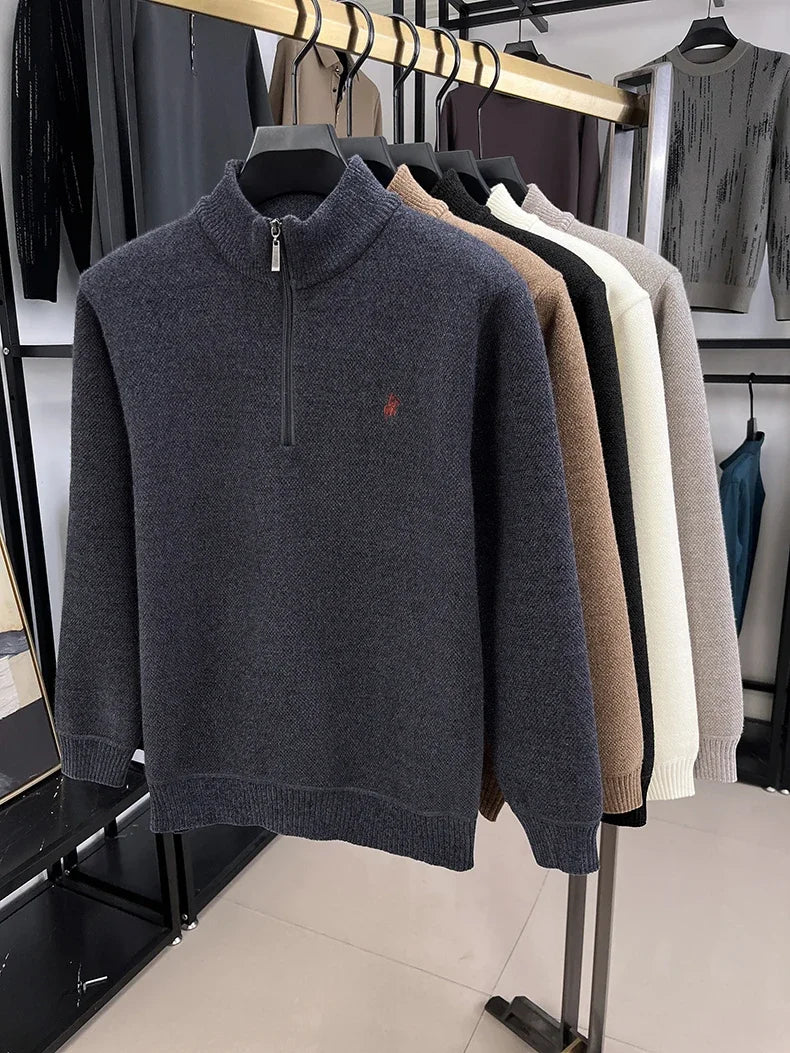 Winter Men's Ferret Fleece Embroidered Zipper Stand Up Collar Head Knitwear Plush Thick Soft Sweater  Mens Clothes  Pull Coreen