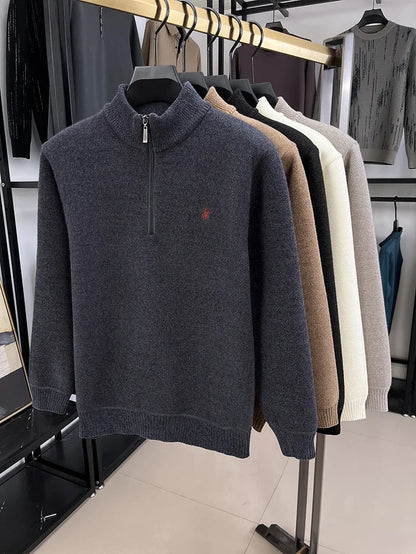Winter Men's Ferret Fleece Embroidered Zipper Stand Up Collar Head Knitwear Plush Thick Soft Sweater  Mens Clothes  Pull Coreen