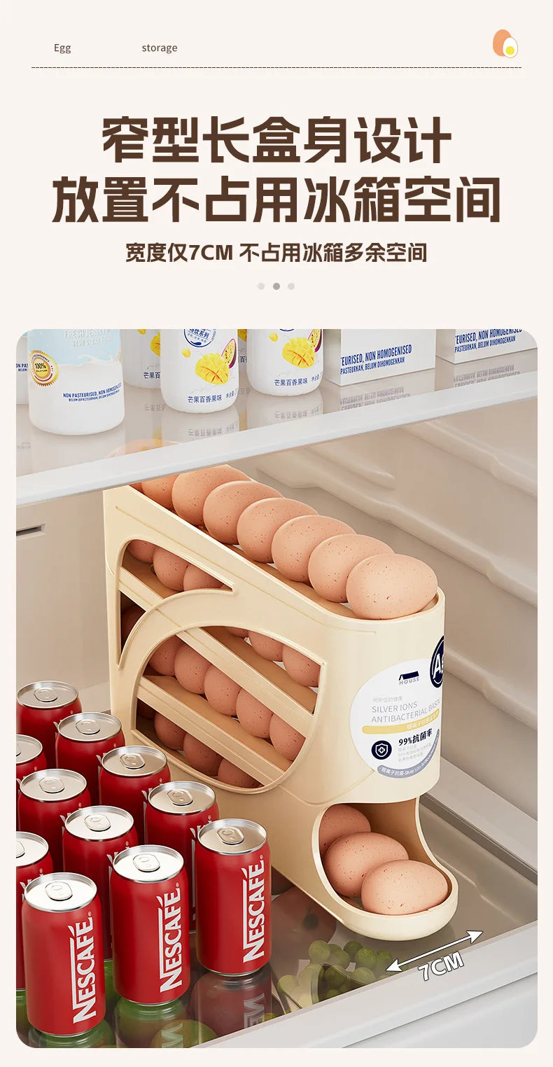 Large Capacity 30 Eggs Holder for Fridge Auto Rolling Egg Organizer, Space-Saving, 4 Tiers Fridge Egg Rack Eggs Dispenser