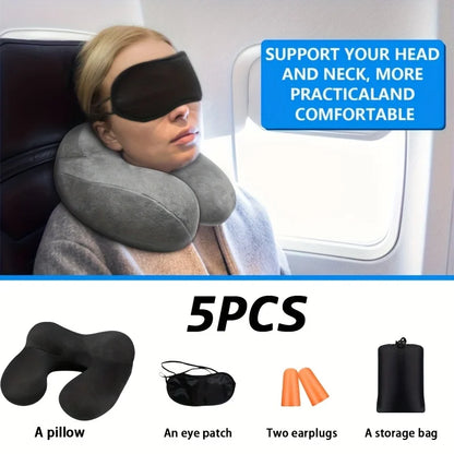 5Pcs Travel Pillow Set, Ergonomic Inflatable Travel Pillow with Earplugs - Soft Velvet Neck Support for Easy Storage and Carrying, Suitable for Airplanes, Cars, Offices and Campings, Sleep Rest Pillows