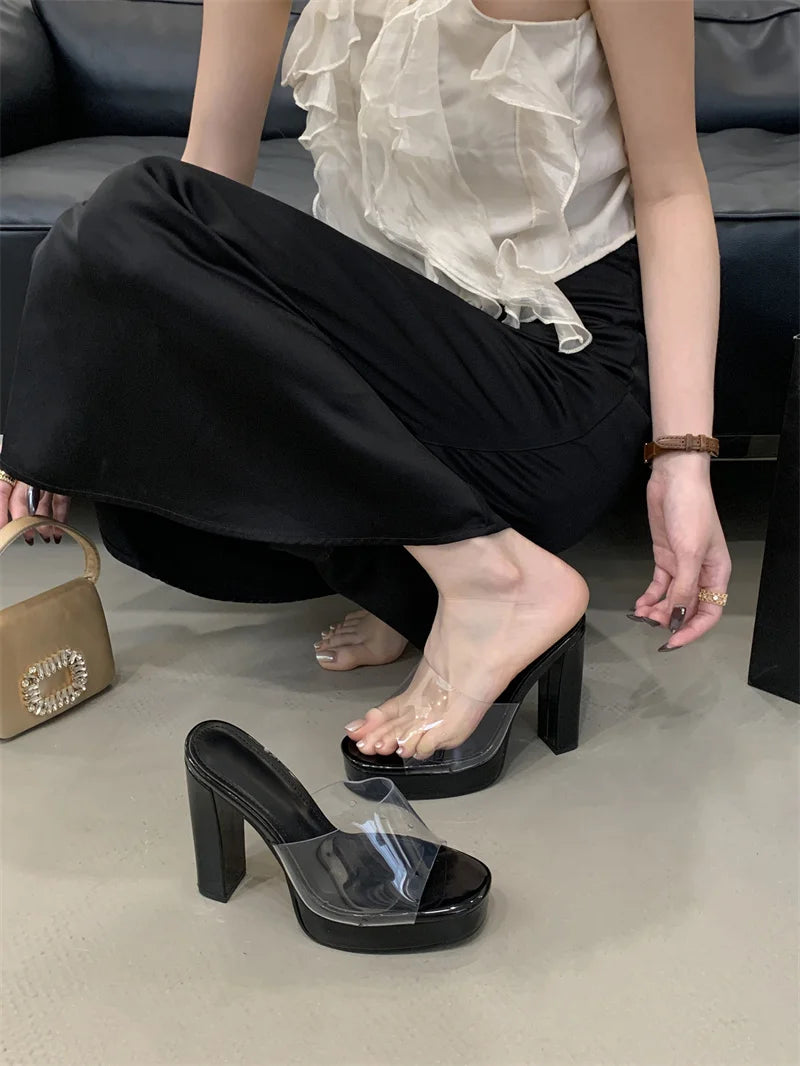 Liyke Summer Square Toe 12CM Thick High Heels Platform Slippers Ladies Chunky Sandals PVC Transparent Shoes Women Zapatos Mujer