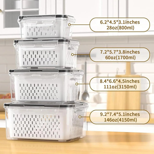 Fridge Food Storage Container Set with Lids with Strainer,Plastic Fresh Produce Saver Vegetable Fruit Meat Organizer
