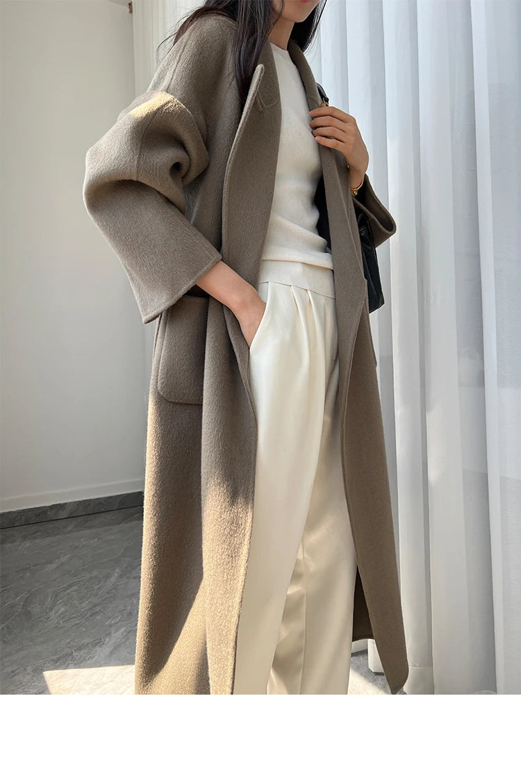 Office Lady Woolen Jackets 2024 Autumn And Winter Bathrobe Style Pocket Double-Sided Loose Lace -Up Tie Women's Long Wool Coats