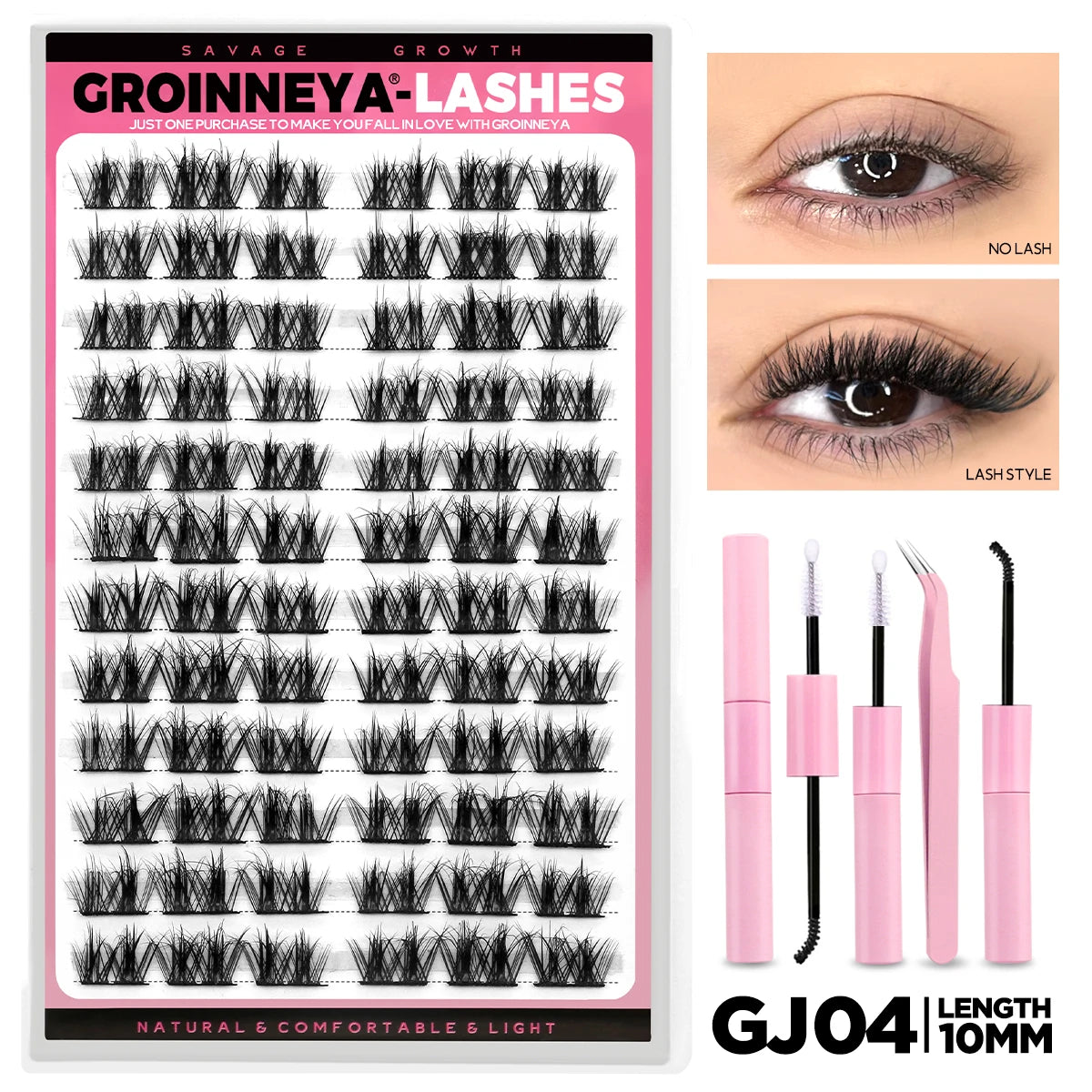 GROINNEYA Lash Clusters Kit DIY Lash Extension Volume Waterproof Individual Lashes Clusters Kit Lash Bond & Seal & Lash Tweezers