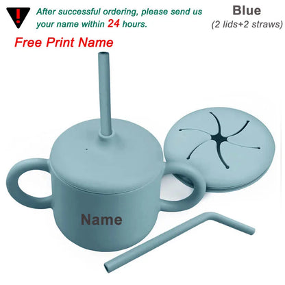 Food Grade Silicone Baby Feeding Cups Personalized Name Children Learn Drinking Cups Sippy Cups Kids Toddlers Straw Water Bottle