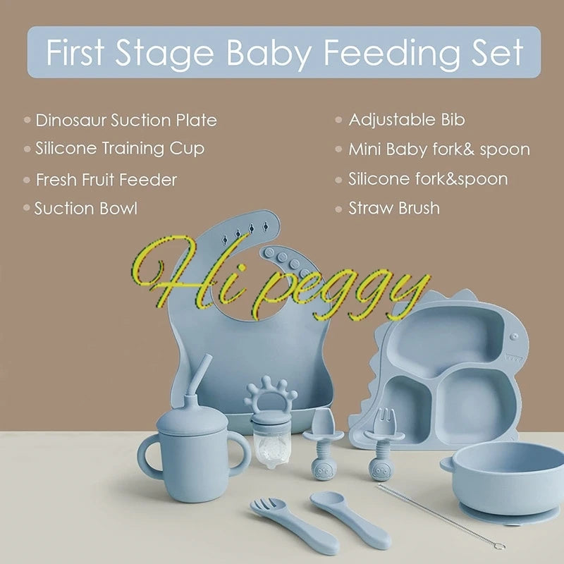 Baby Silicone Tableware Dinosaur Plate Dishes For Kids Personalized Name Baby Feeding Sets Fruit Feeder Baby Led Weaning Supplie