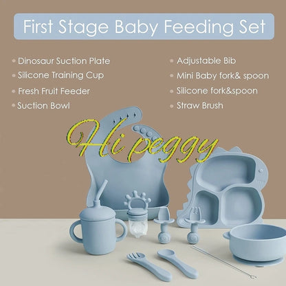 Baby Silicone Tableware Dinosaur Plate Dishes For Kids Personalized Name Baby Feeding Sets Fruit Feeder Baby Led Weaning Supplie